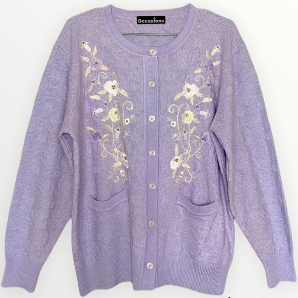 Occasions Vintage Lilac Embroidered Floral Grandma Knit Cardigan Sweater